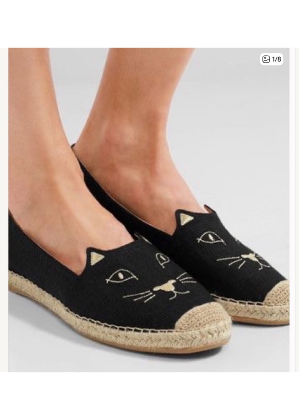 Charlotte Olympia Black Kitty Cat Face Flats Espadrilles Shoes Canvas - Picture 2 of 13